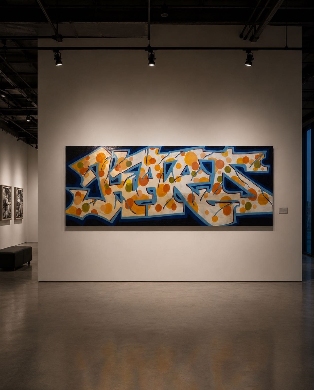 A panoramic wildstyle canvas in blue outlines with orange dots, installed in a gallery